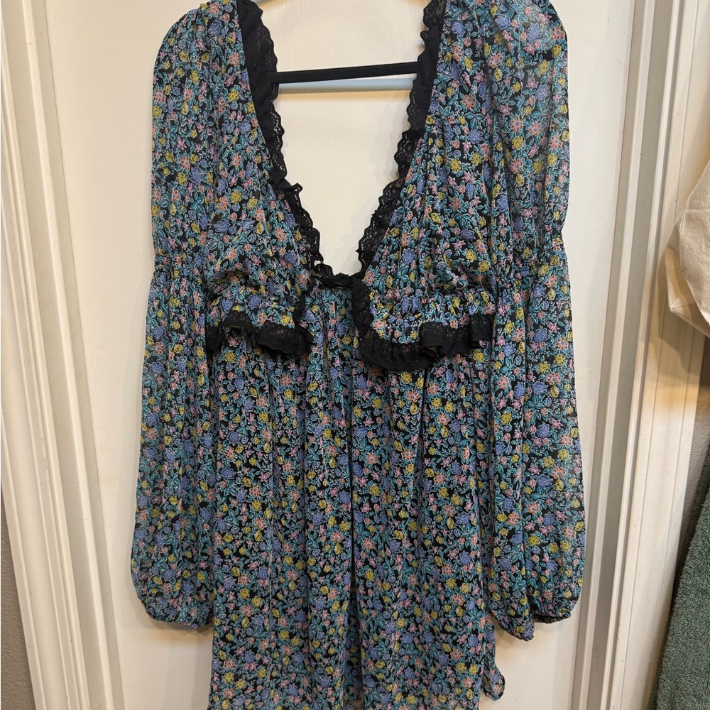 Free People Blue Floral Dress with Black Lace